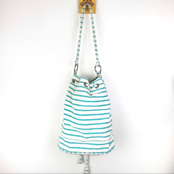 ROXY Boho Drawstring Bag Purse Aqua Striped - Picture 3 of 10